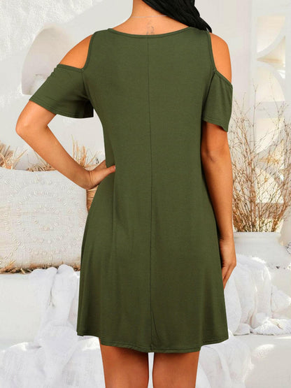 Round Neck Cold Shoulder Short Sleeve Dress.