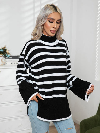 Striped Slit Turtleneck Drop Shoulder Sweater.