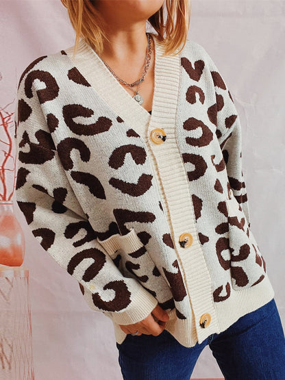 Leopard Button Front Cardigan with Pockets.