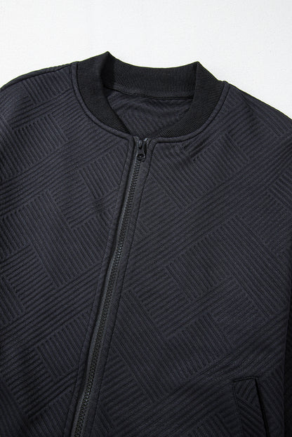 Sleek black textured bomber jacket with stand neck and zipper closure