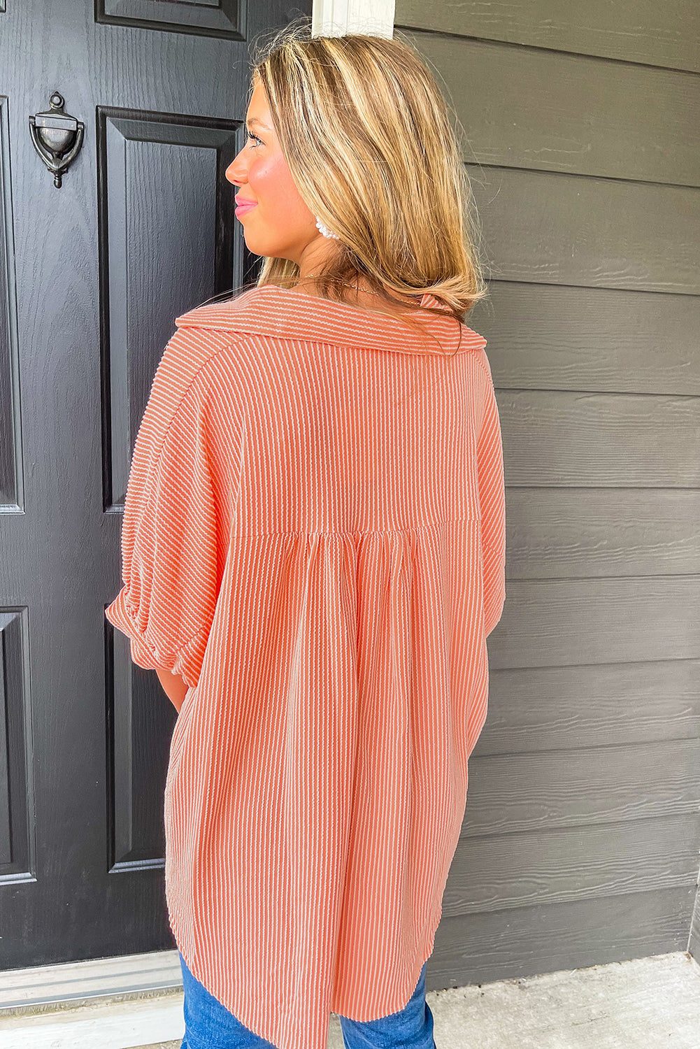 Grapefruit Orange Corded High Low Hem Casual Button-Up Shirt with Half Sleeves