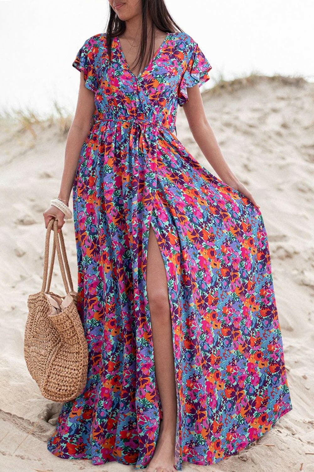 Slit Printed Cap Sleeve Maxi Dress.