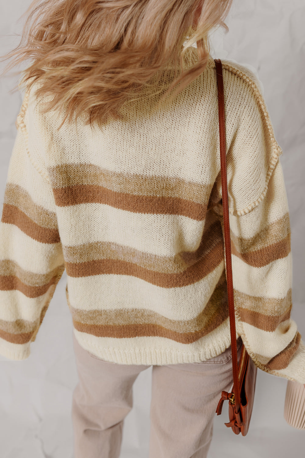 Khaki Stripe Exposed Seam Drop Shoulder Knit Baggy Oversized Sweater Cozy Casual Knitwear Dear-Lover Dropshipping