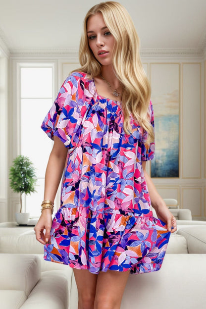 Printed Square Neck Short Sleeve Mini Dress.