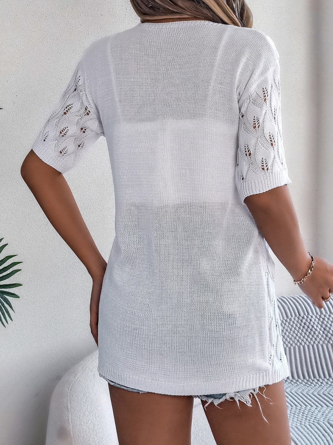 Openwork Open Front Short Sleeve Cardigan.