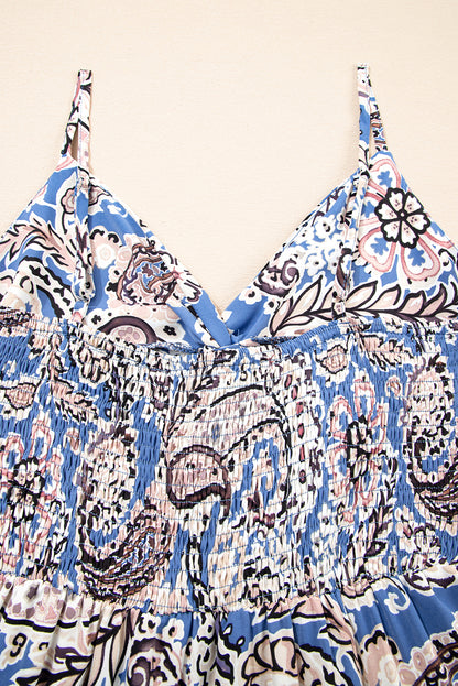 Blue Paisley Print Twist Detail Smocked Back Dress