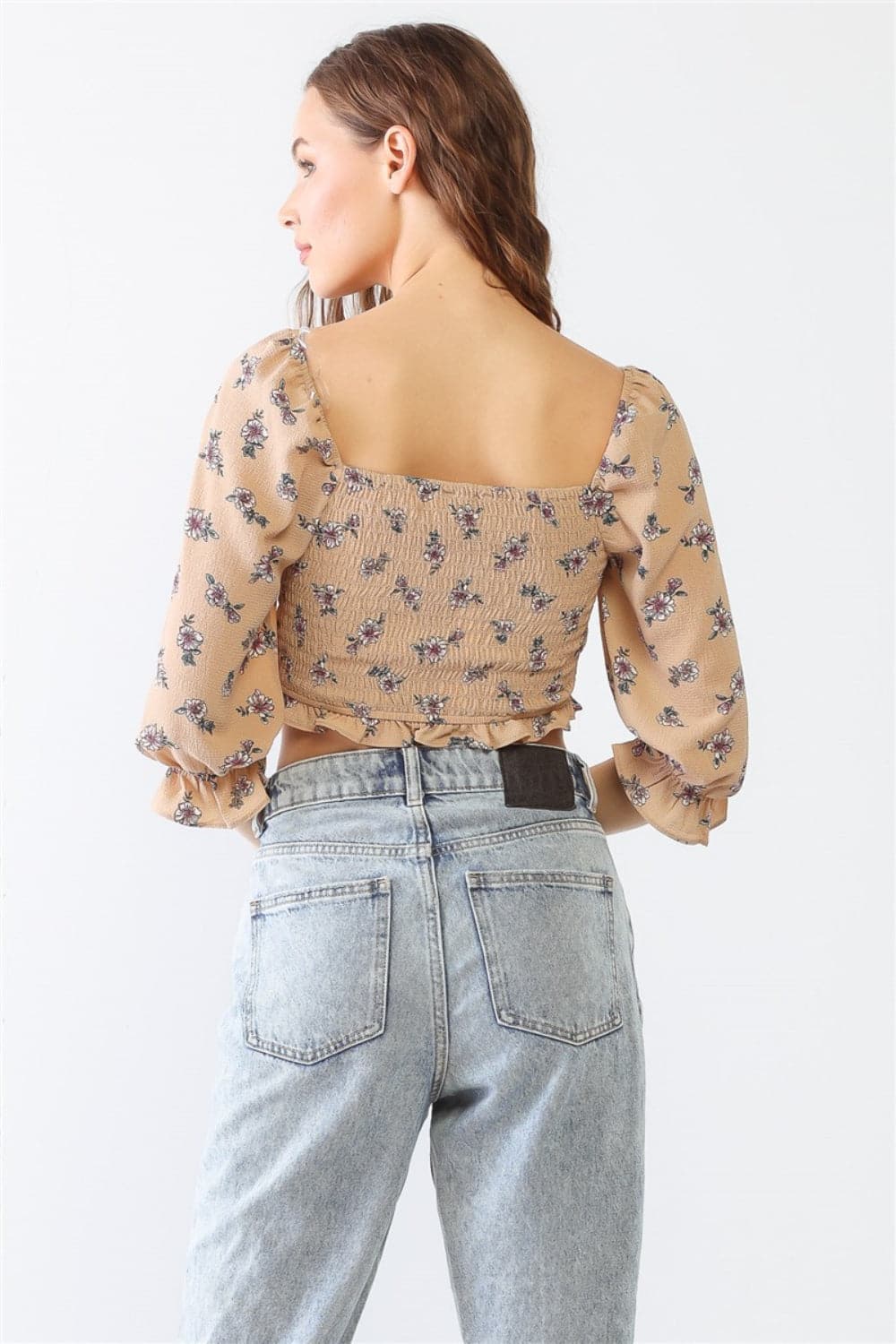 Miss Love / Kevin Co. Floral Ruffle Smocked Back Ruched Crop Top.