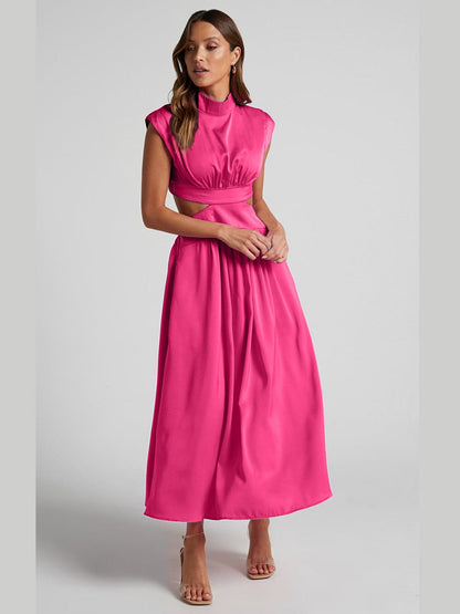 Cutout Mock Neck Sleeveless Ruched Dress.