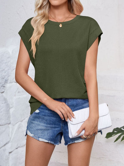 Textured Round Neck Cap Sleeve Blouse.