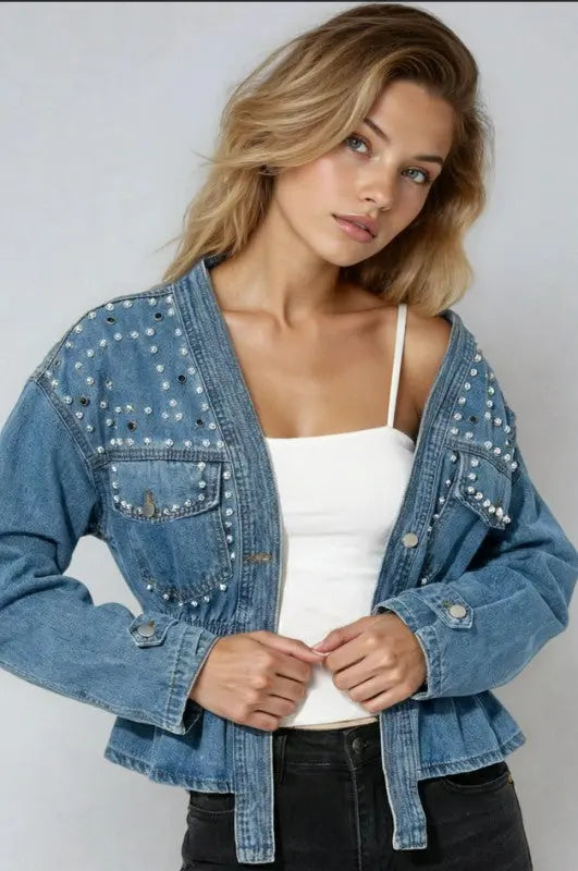 Studded detail v neck denim jacket Miss Sparkling