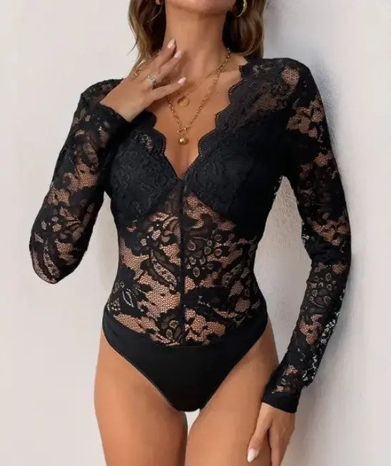Womens Long Sleeve Lace Mesh Bodysuit Sheer Lingerie Teddy Miss Sparkling