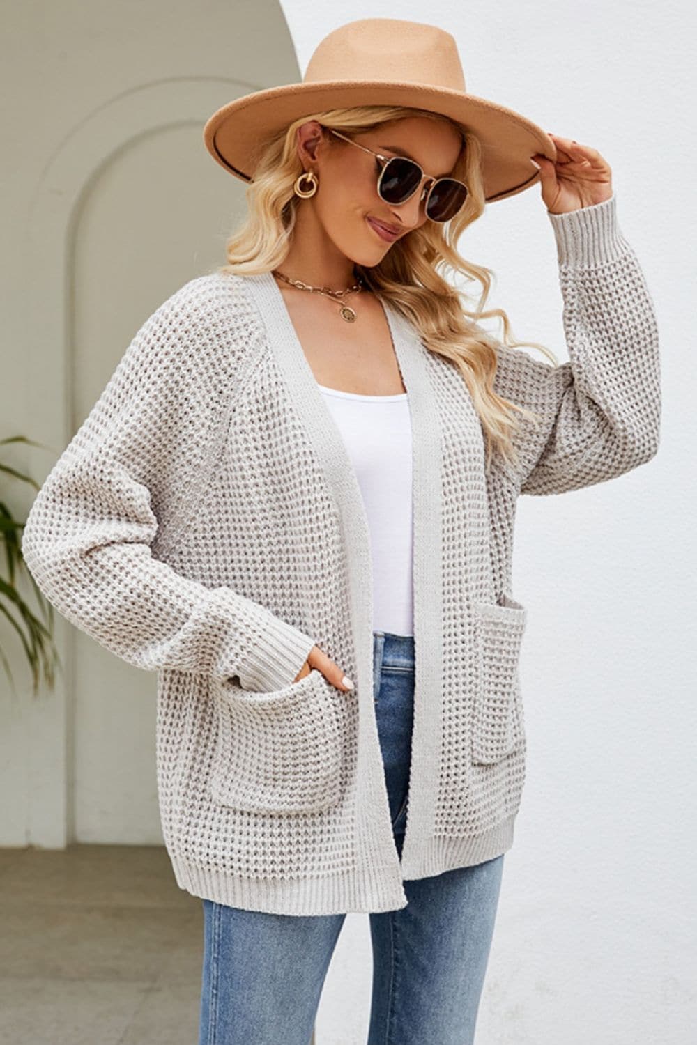 Open Front Raglan Sleeve Pocketed Cardigan.