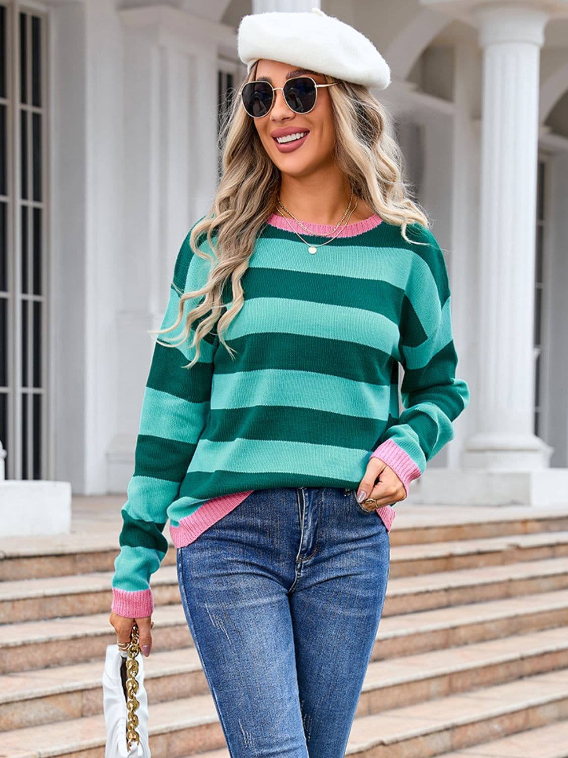 Striped Round Neck Dropped Shoulder Sweater.