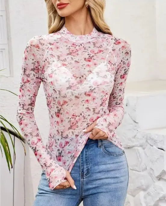 Floral Mesh Top With Mock Neck Long Sleeve See Through Double Layer Thumb Holes Miss Sparkling