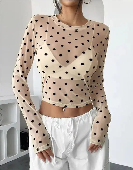 Sheer Polka Dot Mesh Long Sleeve Cropped Top For Day To Night Wear Miss Sparkling