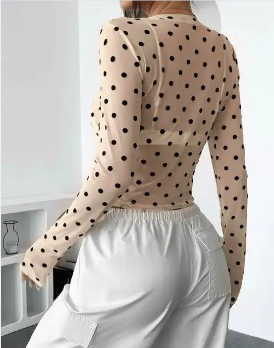 Sheer Polka Dot Mesh Long Sleeve Cropped Top For Day To Night Wear Miss Sparkling