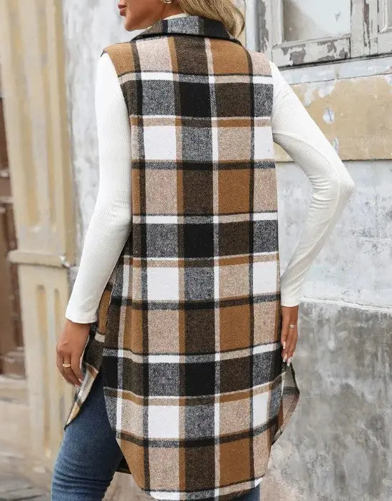 Plaid Longline Lapel Vest With Structured Silhouette And Pockets Miss Sparkling