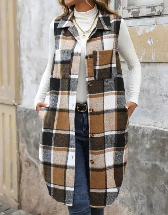 Plaid Longline Lapel Vest With Structured Silhouette And Pockets Miss Sparkling