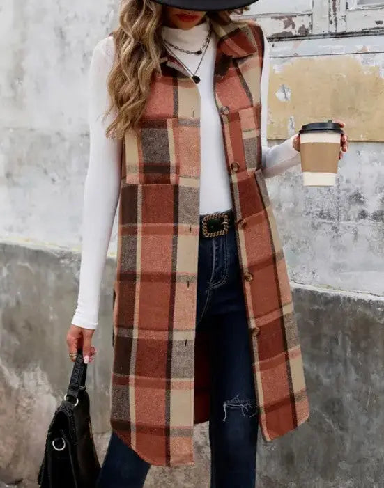 Plaid Longline Lapel Vest With Structured Silhouette And Pockets Miss Sparkling