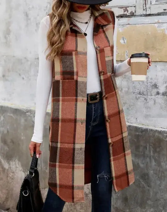 Plaid Longline Lapel Vest With Structured Silhouette And Pockets Miss Sparkling