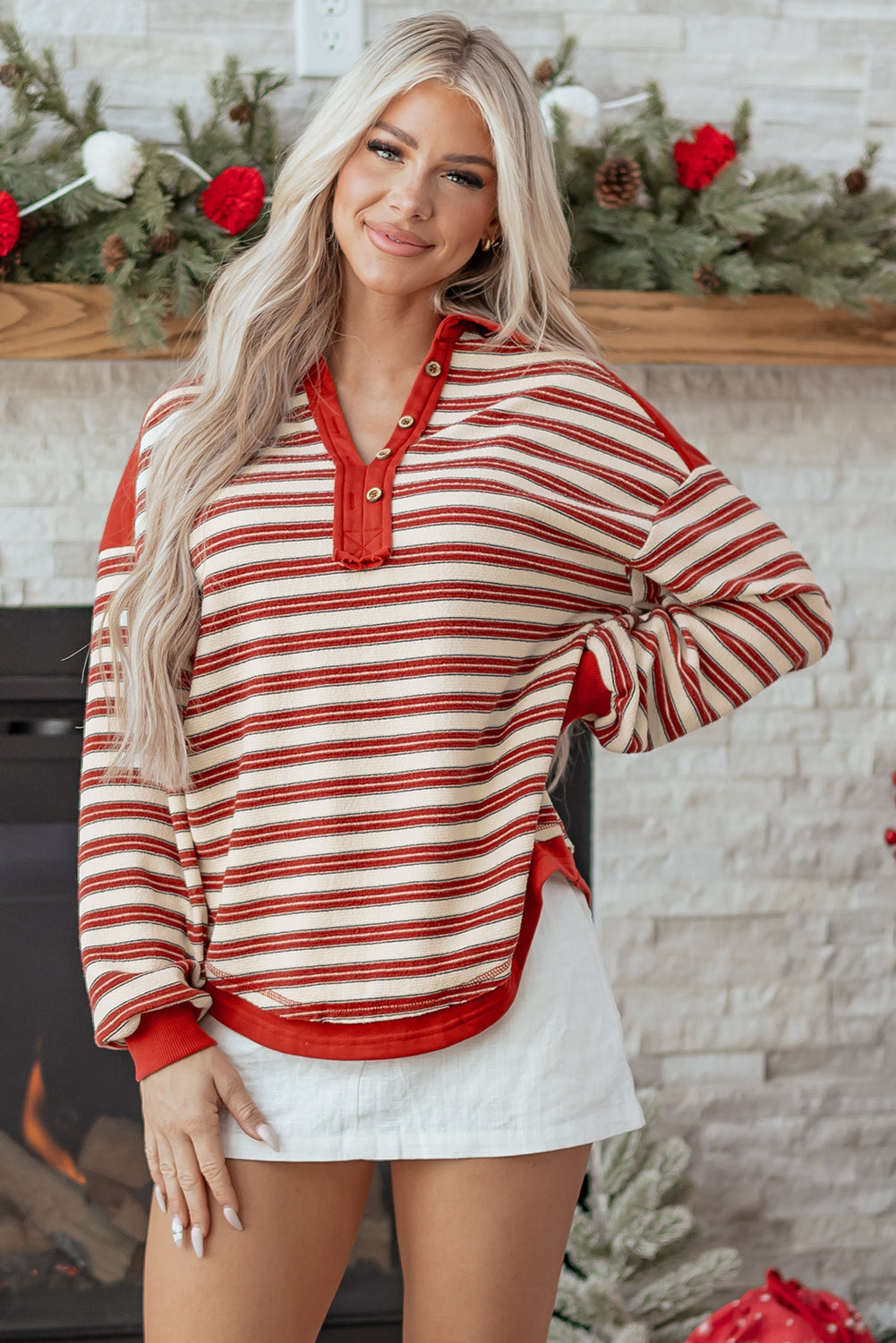 Red Stripe Buttoned V Neck Collared Drop Shoulder Top Love Salve
