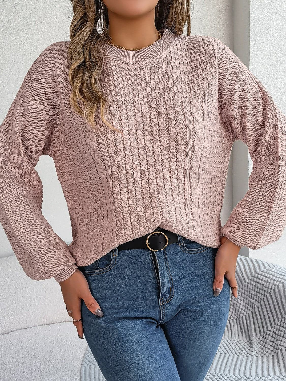 Cable-Knit Round Neck Long Sleeve Sweater.