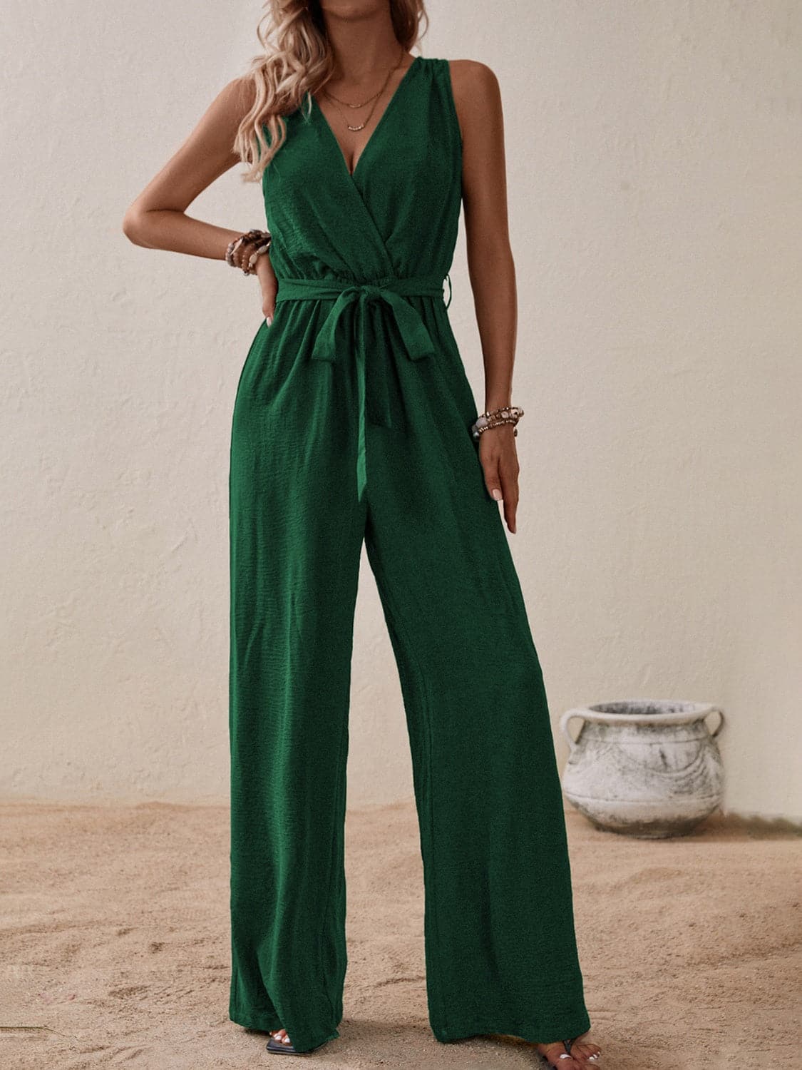 Tied Surplice Sleeveless Wide Leg Jumpsuit.