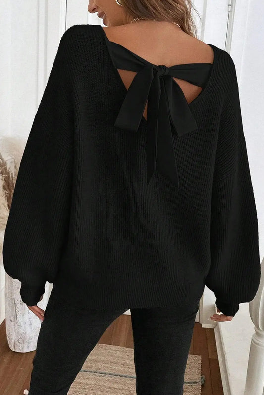 Black Ribbed Knit Backless Knot Drop Shoulder Sweater Dear-Lover Dropshipping