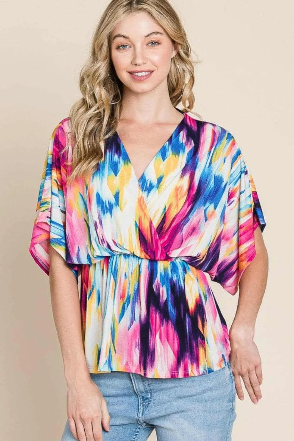 BOMBOM Printed Surplice Peplum Blouse - Love Salve 