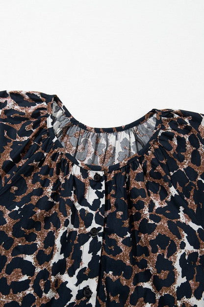 Leopard Button Up Half Sleeve Mini Dress.