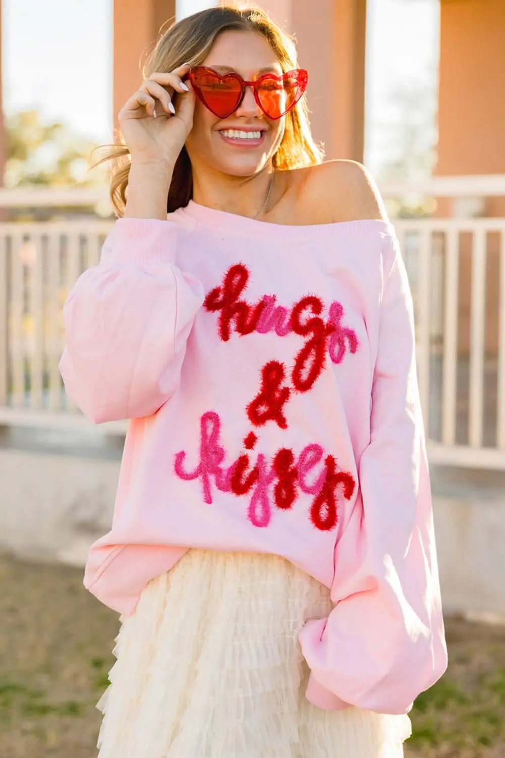 Pink Hugs and Kisses Pop Up Embroidered Raglan Sleeve Sweatshirt - Love Salve 