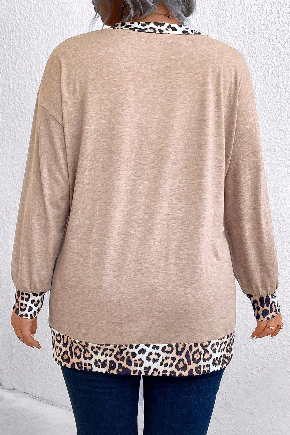 Parchment Leopard Patchwork V Neck Long Sleeve Plus Size Top Dear-Lover Dropshipping