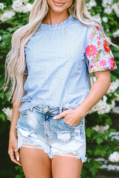 Light blue floral blouse with puff sleeves