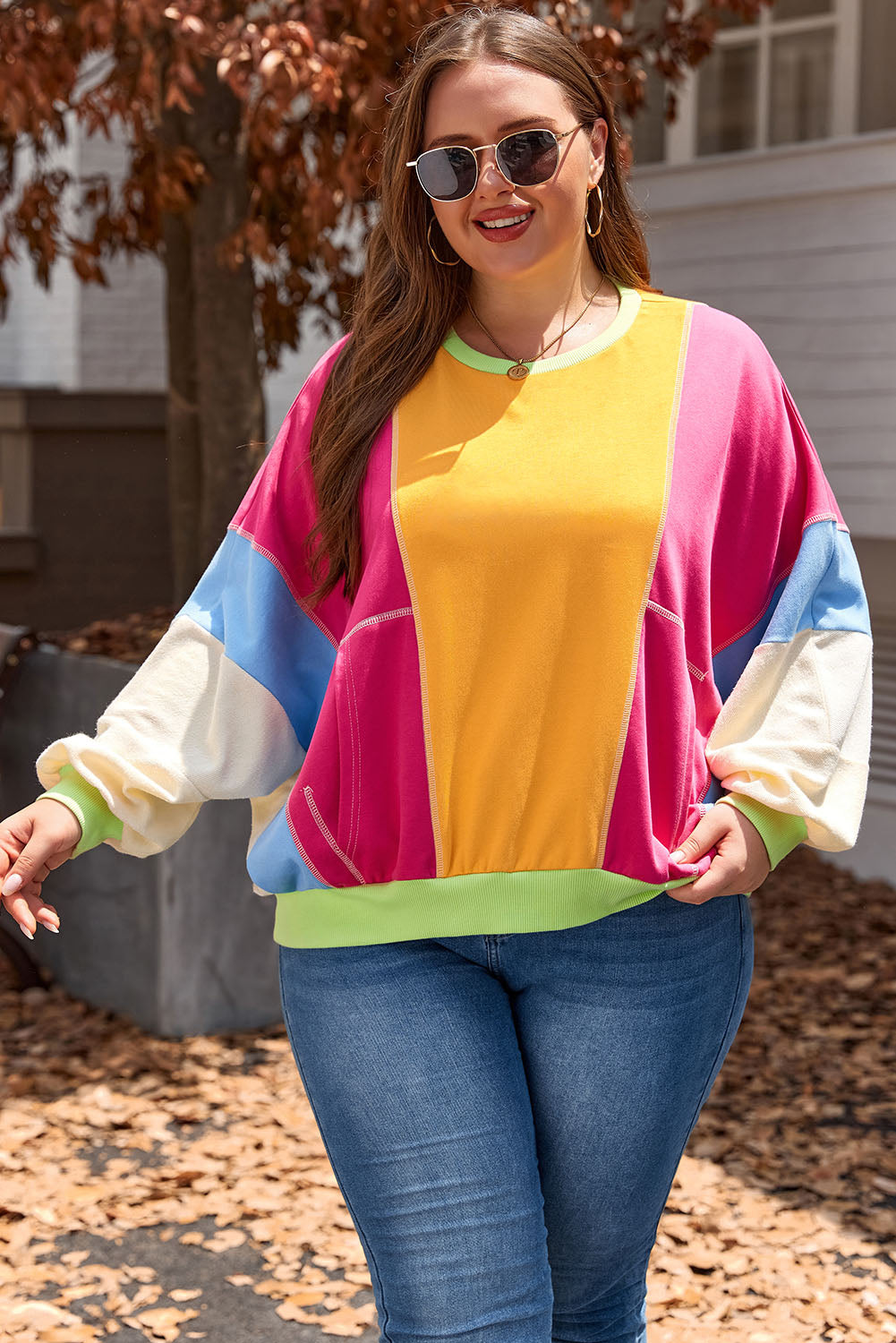 Rose red plus size colorblock sweatshirt