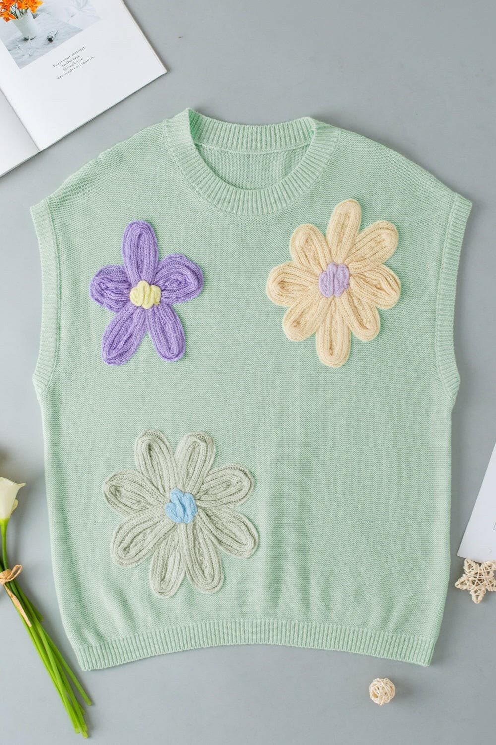 Crochet Flower Round Neck Sweater Vest.