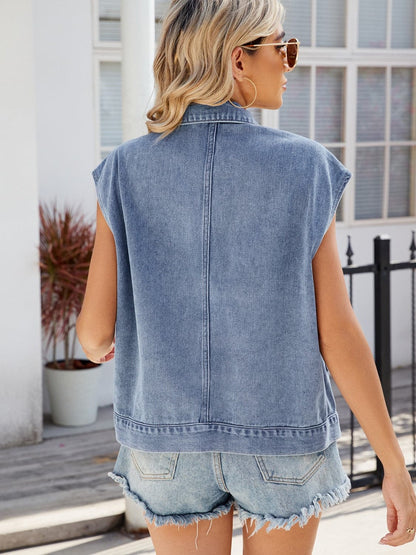 Pocketed Button Up Sleeveless Denim Jacket.