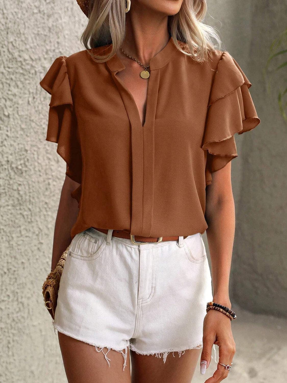 Ruffled Notched Short Sleeve Blouse.