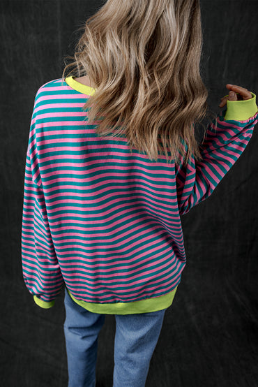 Trendy green striped oversized pullover with contrast detailing