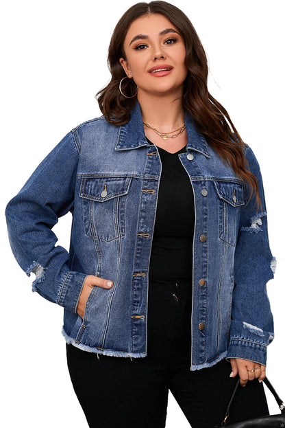 Chic dark blue plus size distressed denim jacket with flap pockets