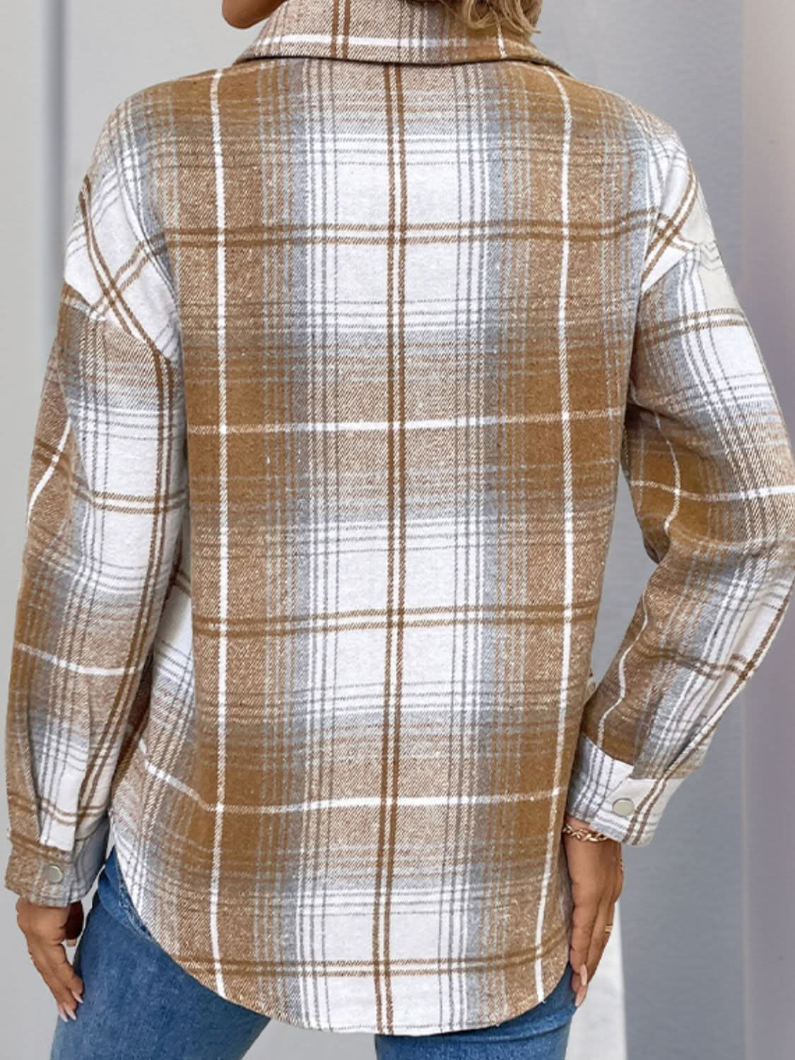 Plaid Half Zip Long Sleeve Top with Collared Neck and Pockets