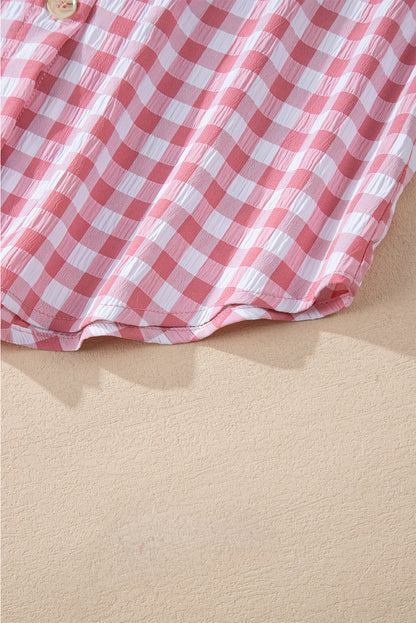 Chic pink gingham collared shirt with functional chest pockets