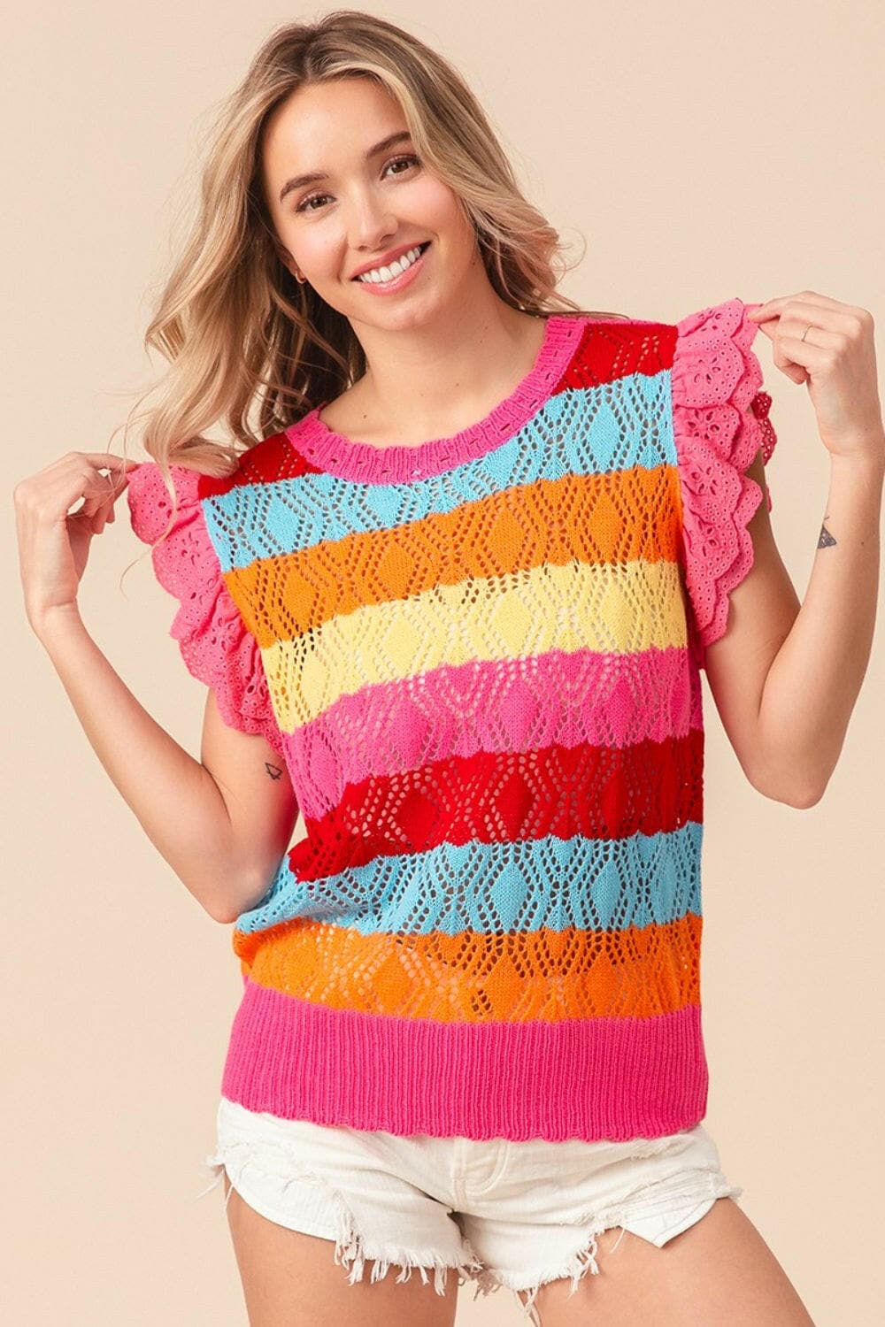 BiBi Pointelle Striped Ruffled Knit Top.