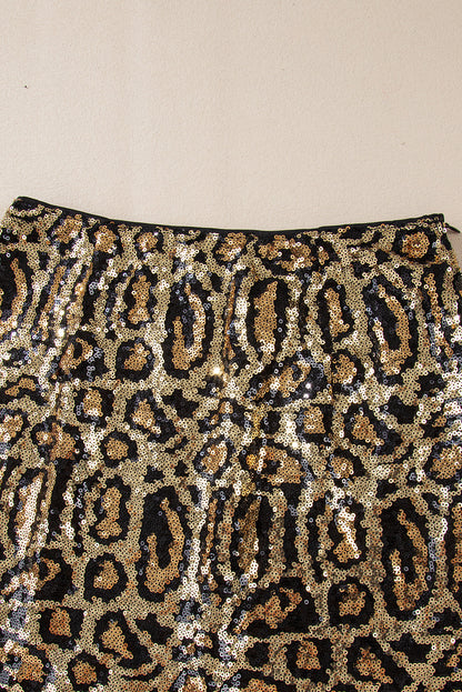 Brown Sequined Leopard Print Disco Mini Skirt