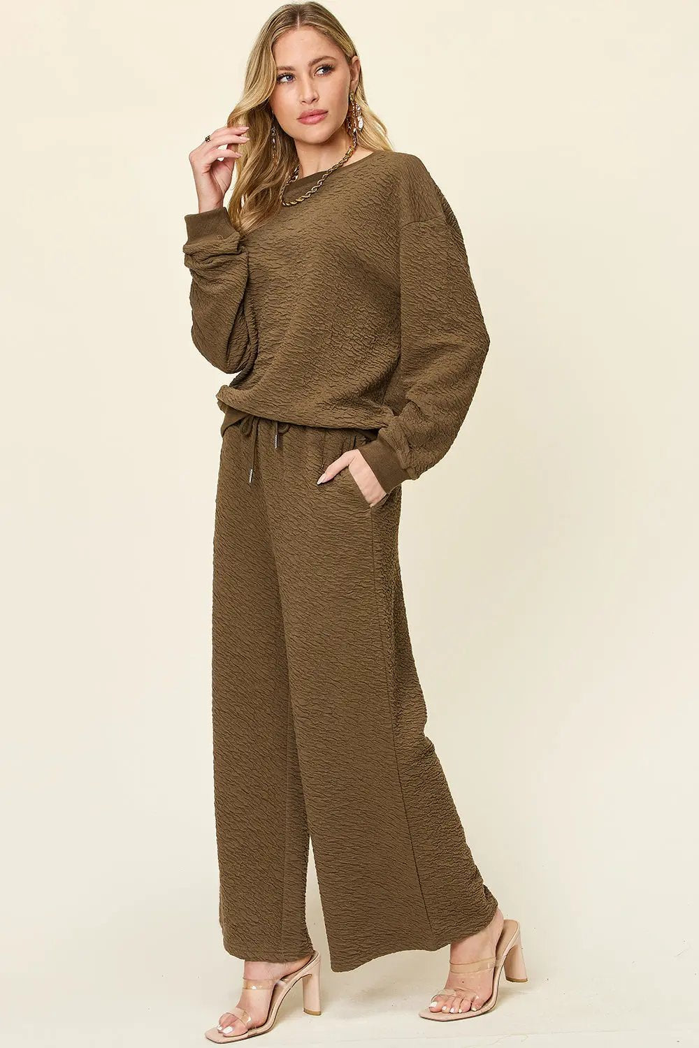 Double Take Full Size Texture Long Sleeve Top and Pants Set - Love Salve