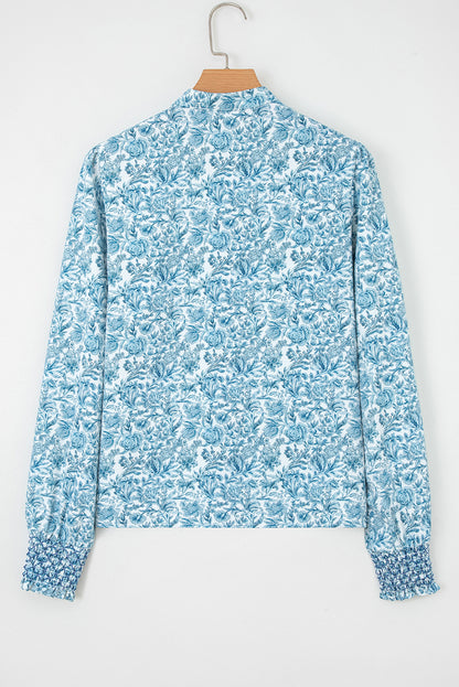 Premium Sky Blue All Over Floral Puff Sleeve Shirt For Women