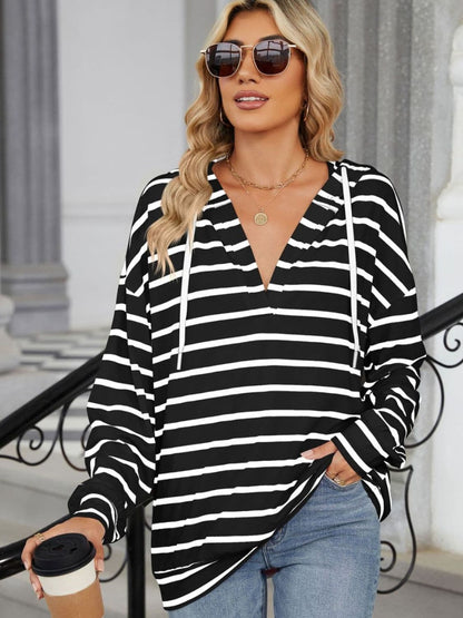 Drawstring Striped Long Sleeve Hoodie.