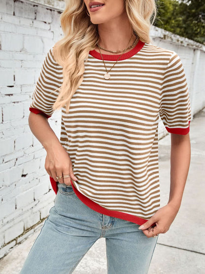 Lovelet Striped Contrast Round Neck Half Sleeve Knit Top