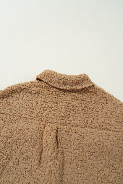 Khaki Single Breasted Teddy Coat with Contrast Flap Pockets