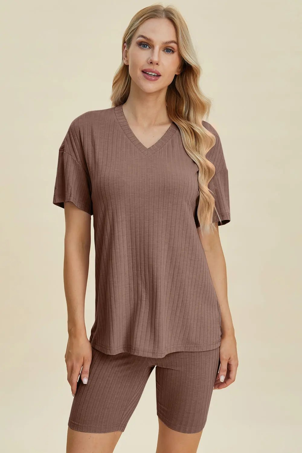 Basic Bae Full Size Ribbed V-Neck Short Sleeve Top and Shorts Set - Love Salve