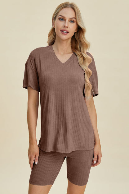 Basic Bae Full Size Ribbed V-Neck Short Sleeve Top and Shorts Set.